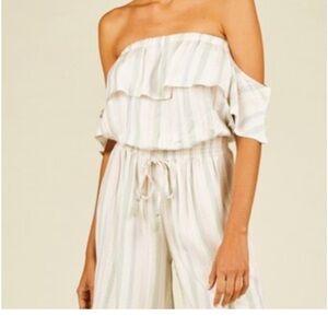 Surf Gypsy pastel striped cropped off shoulder jumpsuit metallic thread M